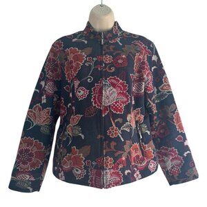 Chico's Women's Size 1 (Small) Black Full Zip Red Orange Floral Print Jacket